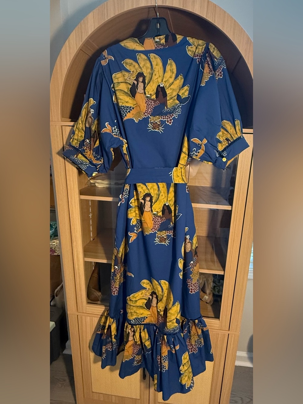 RARE FARM RIO Blue Floral Bananas 🍌 & Mermaids🧜🏼♀️ Midi Dress SIZE SMALL - Picture 3 of 12